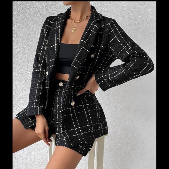 SHEIN Pants - NWOT! Black Gold Windowpane Tweed Blazer & Short Set, Size XS